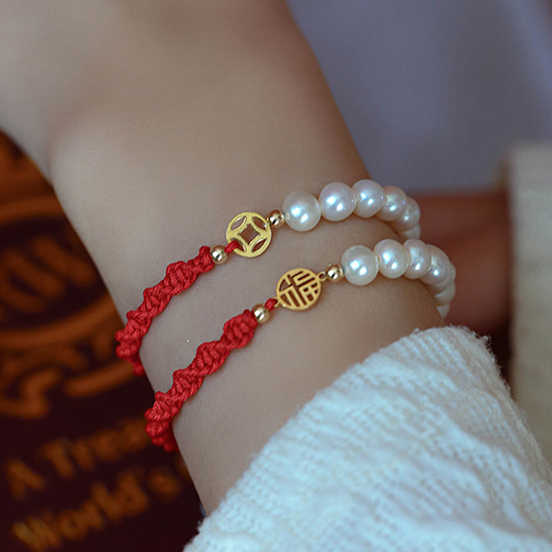 14K Gold Plated Pearl and Prosperity Symbol Braided Red String Bracelet
