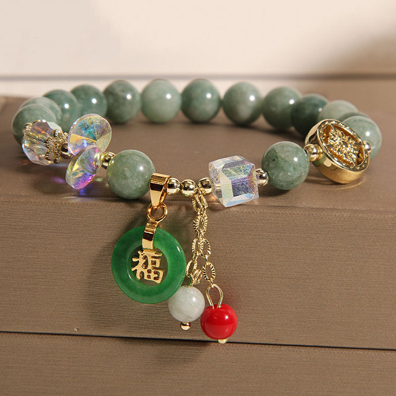 Strawberry Quartz and Jade Fu Character Charm Beaded Bracelet