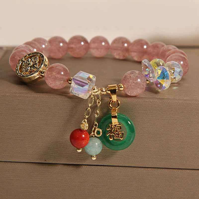 Strawberry Quartz and Jade Fu Character Charm Beaded Bracelet