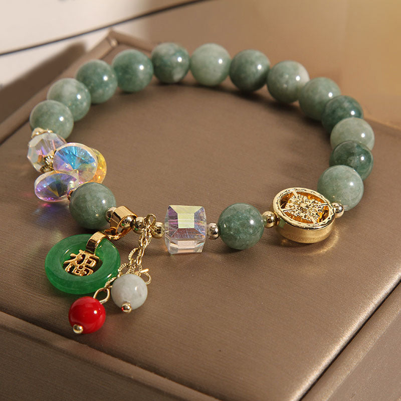 Strawberry Quartz and Jade Fu Character Charm Energy Bracelet