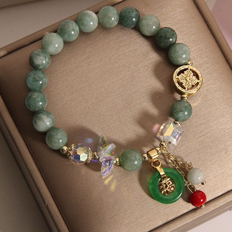 Strawberry Quartz and Jade Fu Character Charm Energy Bracelet