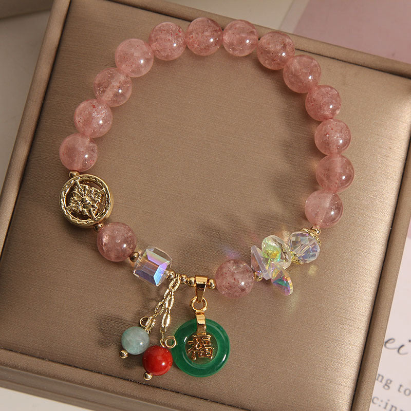 Strawberry Quartz and Jade Fu Character Charm Energy Bracelet
