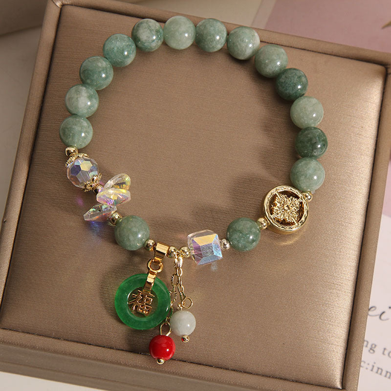 Strawberry Quartz and Jade Fu Character Charm Beaded Bracelet