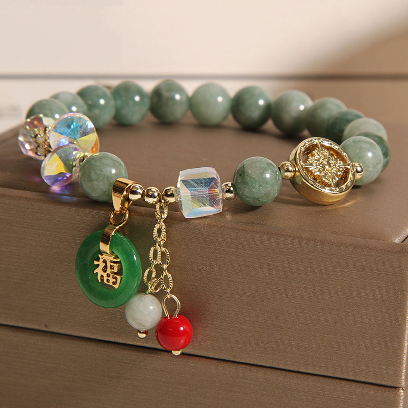 Strawberry Quartz and Jade Fu Character Charm Beaded Bracelet
