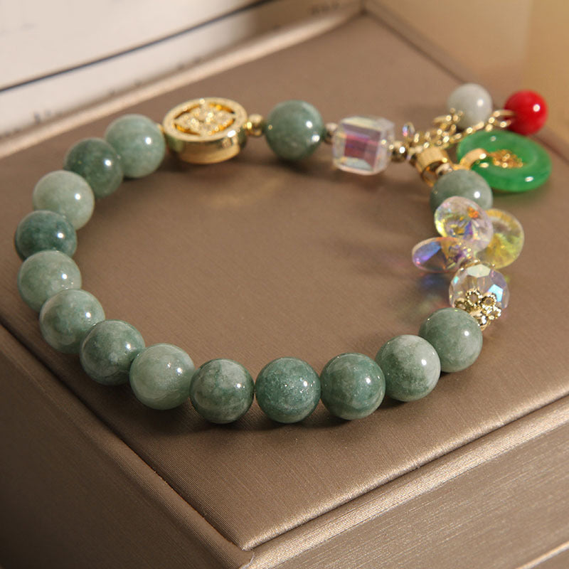 Strawberry Quartz and Jade Fu Character Charm Beaded Bracelet