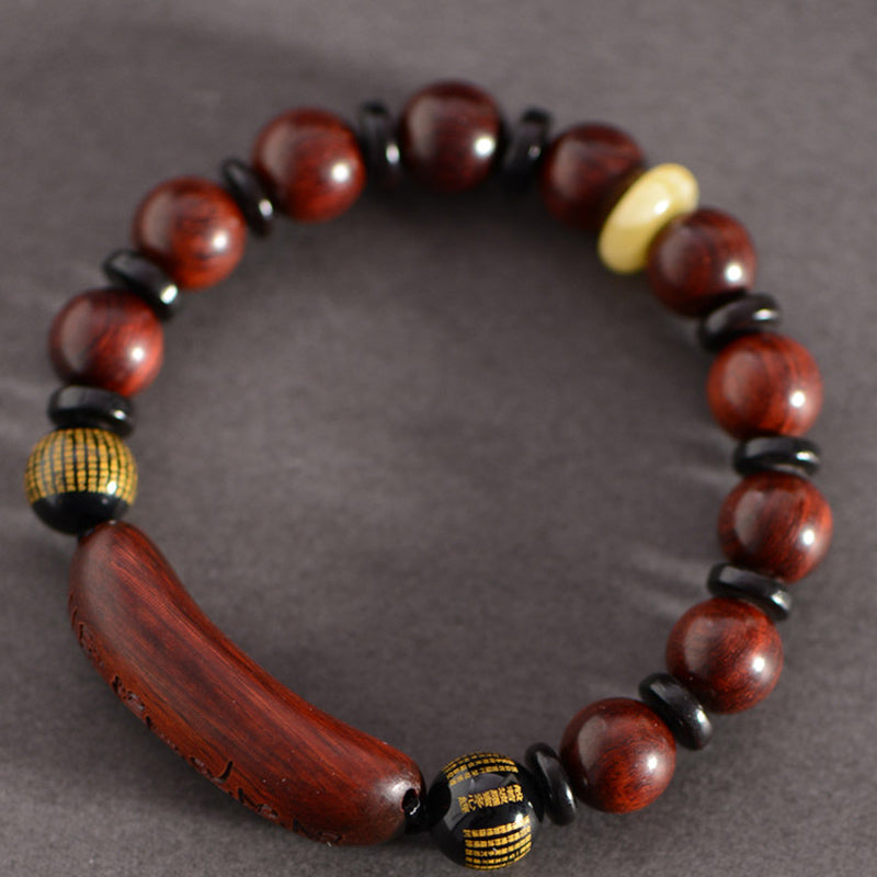 Small Leaf Red Sandalwood Om Mani Padme Hum Engraved Protection Bracelet