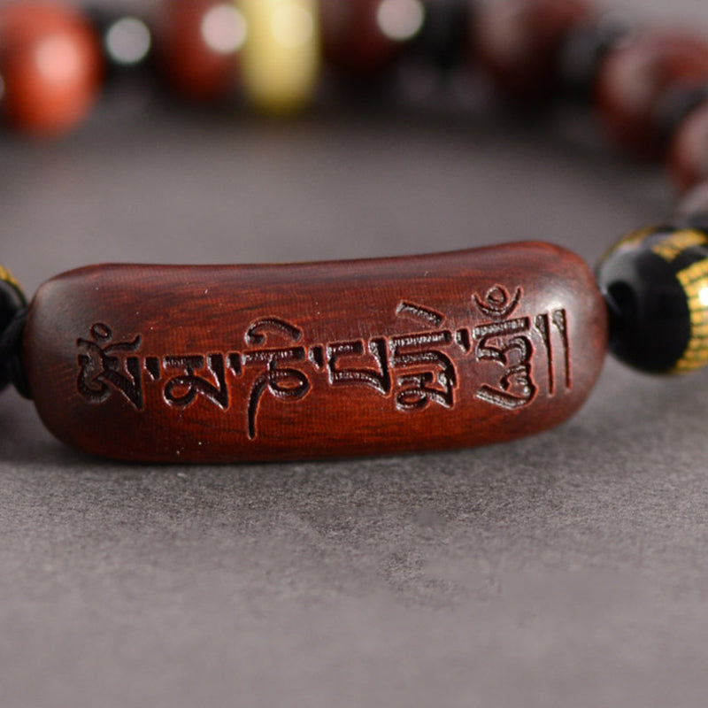 Small Leaf Red Sandalwood Om Mani Padme Hum Engraved Protection Bracelet
