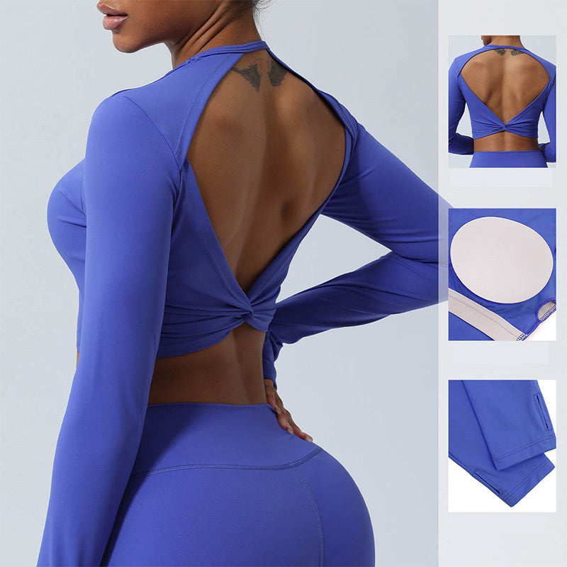 Women Workout Long Sleeve Crisscross Backless Top Tee Leggings Sports Fitness Yoga Outfit