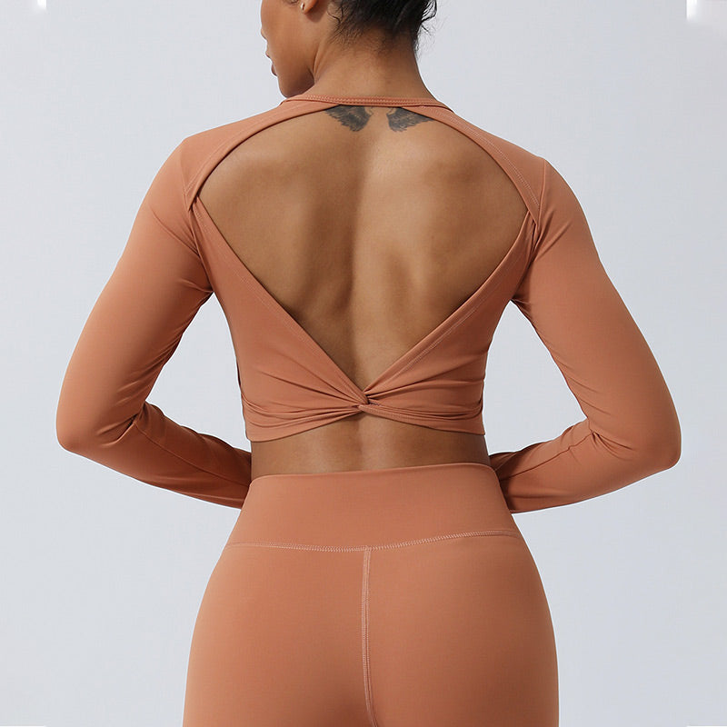 Women Workout Long Sleeve Crisscross Backless Top Tee Leggings Sports Fitness Yoga Outfit