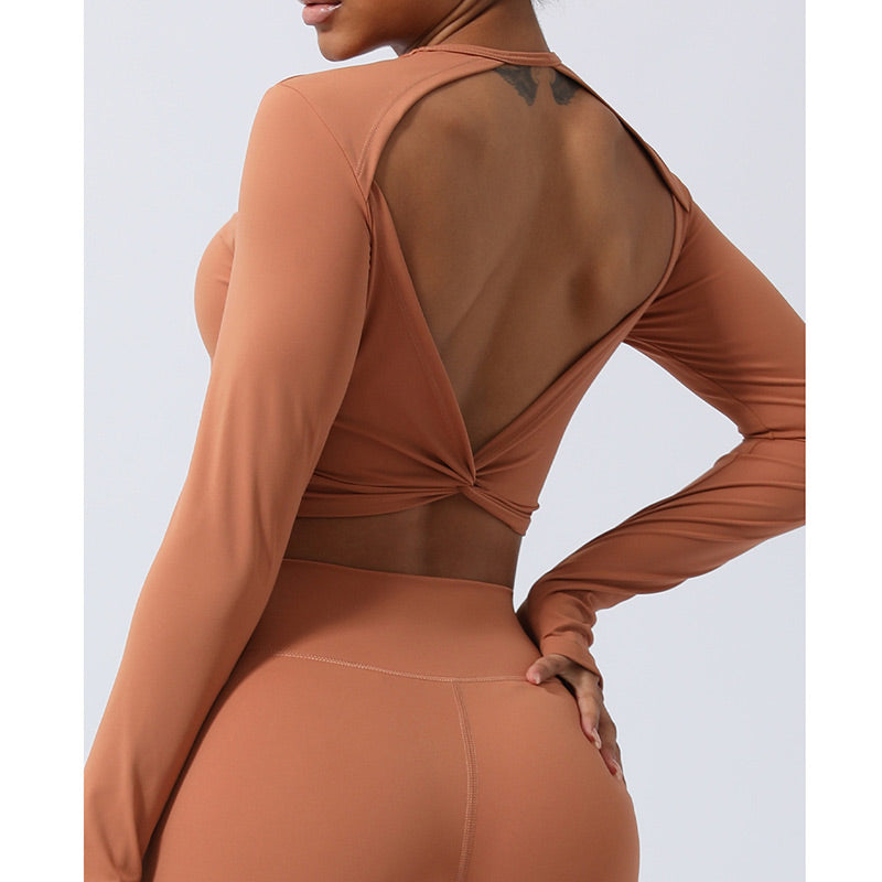 Women Workout Long Sleeve Crisscross Backless Top Tee Leggings Sports Fitness Yoga Outfit