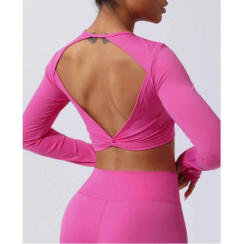 Women Workout Long Sleeve Crisscross Backless Top Tee Leggings Sports Fitness Yoga Outfit