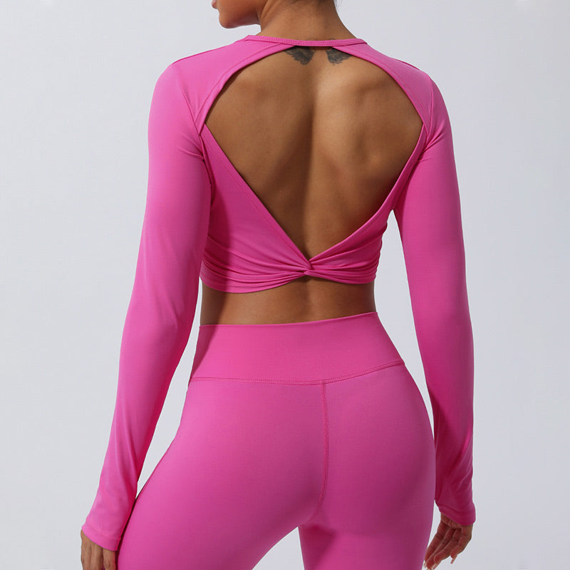 Women Workout Long Sleeve Crisscross Backless Top Tee Leggings Sports Fitness Yoga Outfit