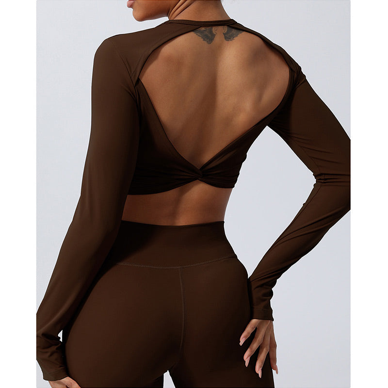 Women Workout Long Sleeve Crisscross Backless Top Tee Leggings Sports Fitness Yoga Outfit