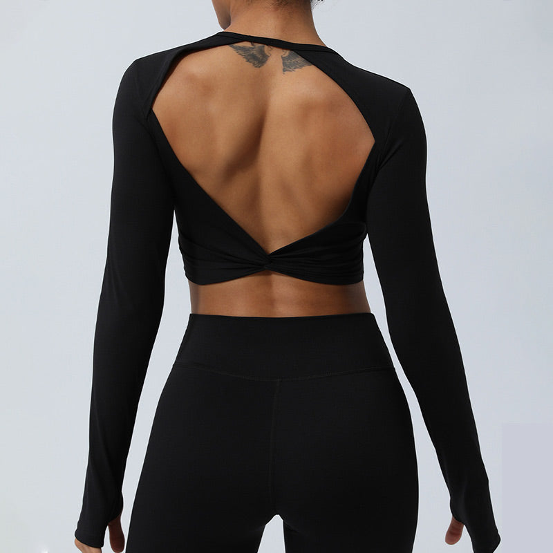 Women Workout Long Sleeve Crisscross Backless Top Tee Leggings Sports Fitness Yoga Outfit