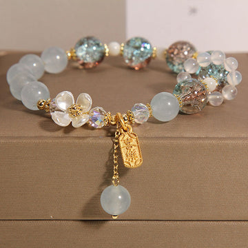 Natural Chalcedony Floral Gemstone Bracelet with Amethyst or Blue Quartz