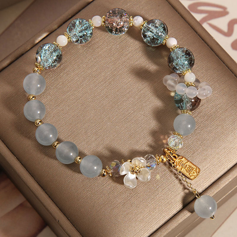 Natural Chalcedony Floral Gemstone Bracelet with Amethyst or Blue Quartz