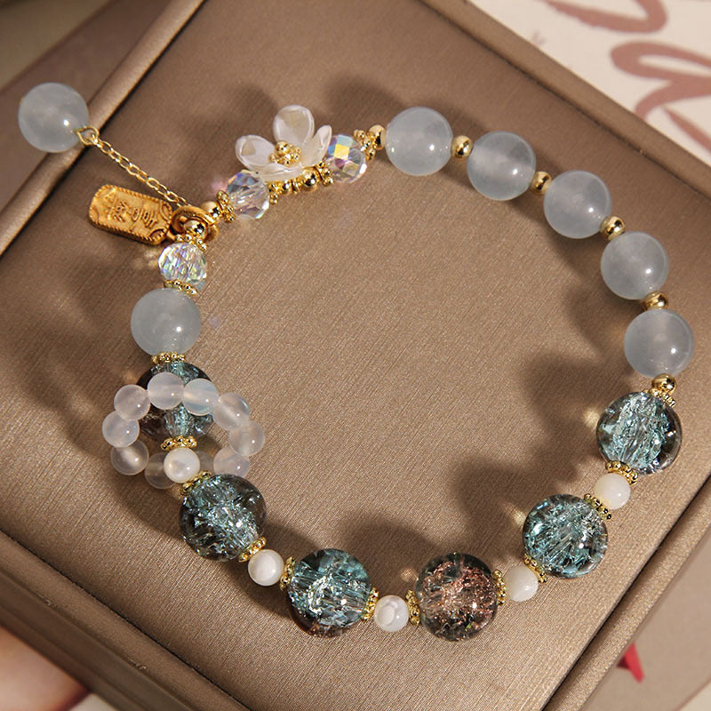 Natural Chalcedony Floral Gemstone Bracelet with Amethyst or Blue Quartz