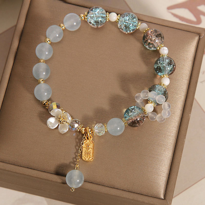 Natural Chalcedony Floral Gemstone Bracelet with Amethyst or Blue Quartz