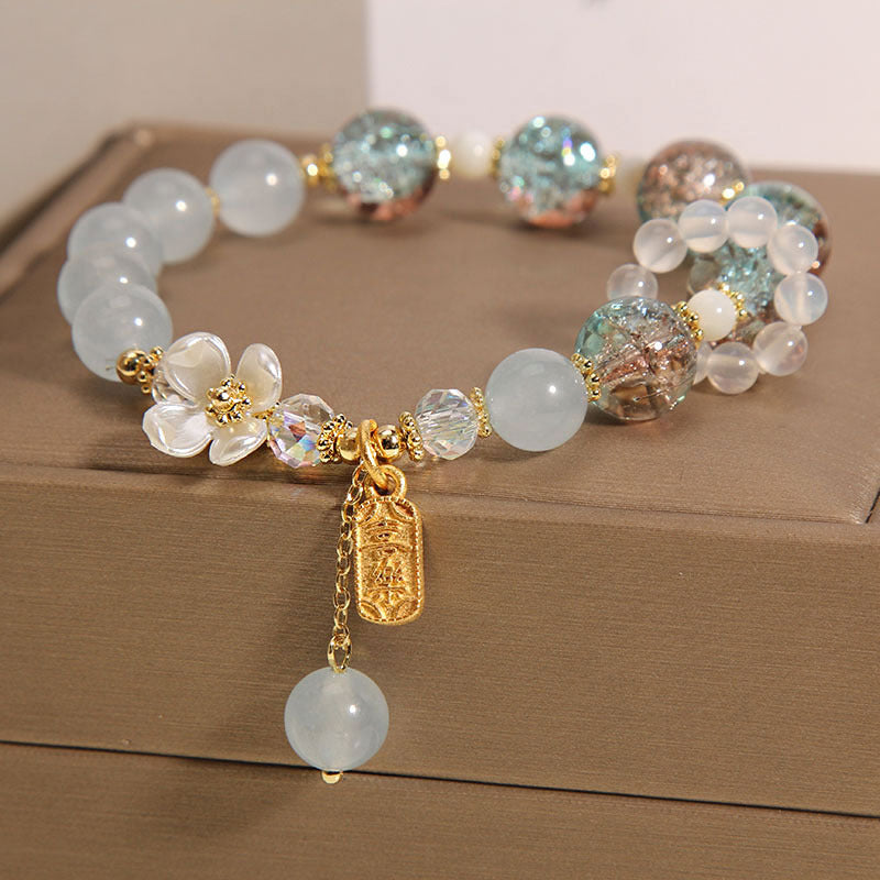 Natural Chalcedony Floral Gemstone Bracelet with Amethyst or Blue Quartz