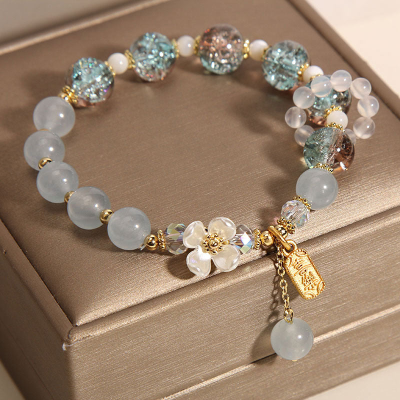Natural Chalcedony Floral Gemstone Bracelet with Amethyst or Blue Quartz