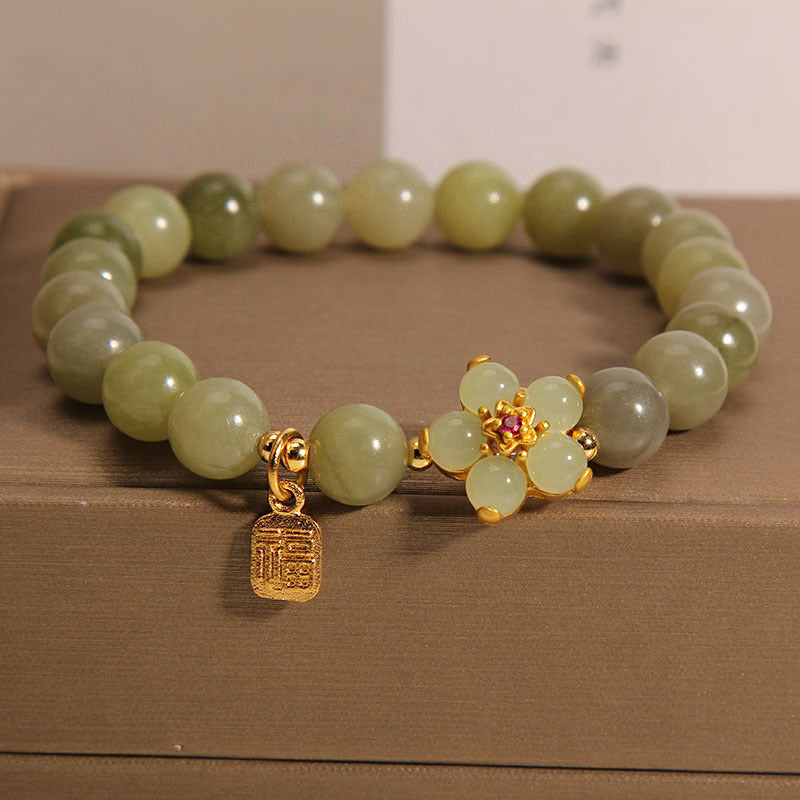 Green Jade Flower Fu Character Charm Luck Bracelet