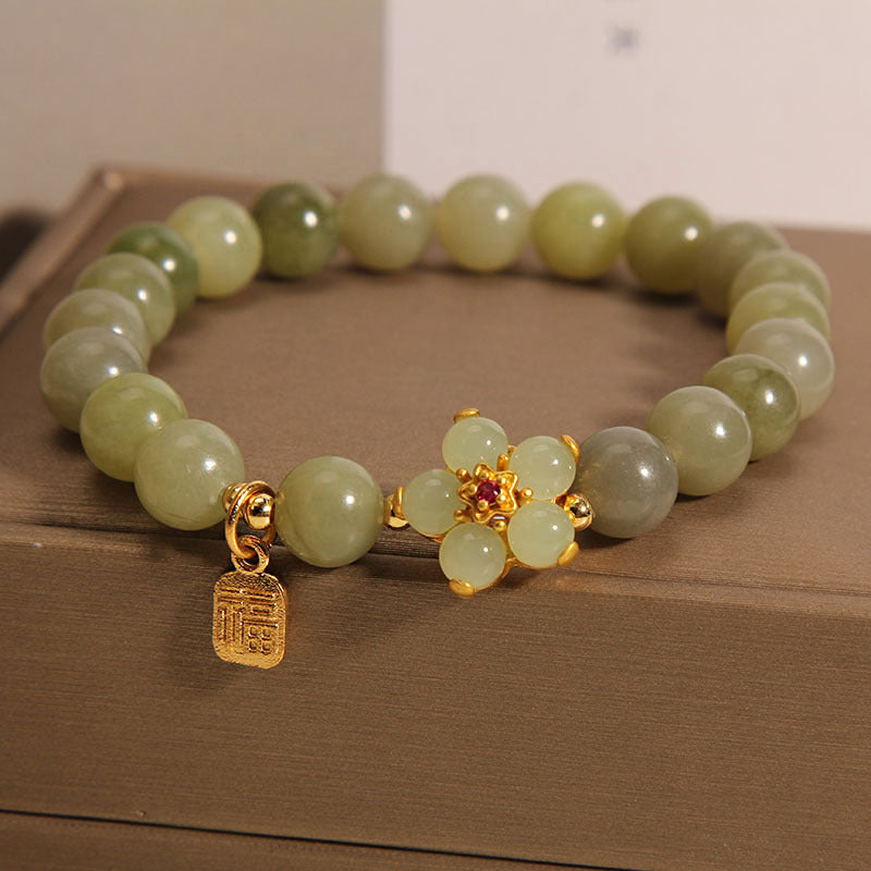 Green Jade Flower Fu Character Charm Luck Bracelet