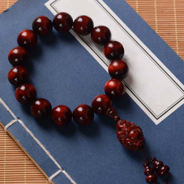 Hand-Carved Red Sandalwood Laughing Buddha & God of Wealth Large Bead Bracelet