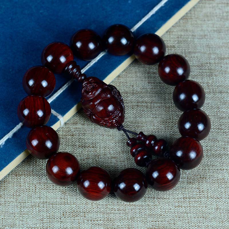 Hand-Carved Red Sandalwood Laughing Buddha & God of Wealth Large Bead Bracelet