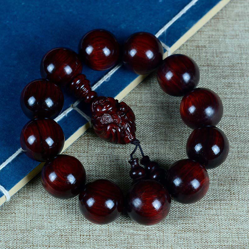 Hand-Carved Red Sandalwood Laughing Buddha & God of Wealth Large Bead Bracelet