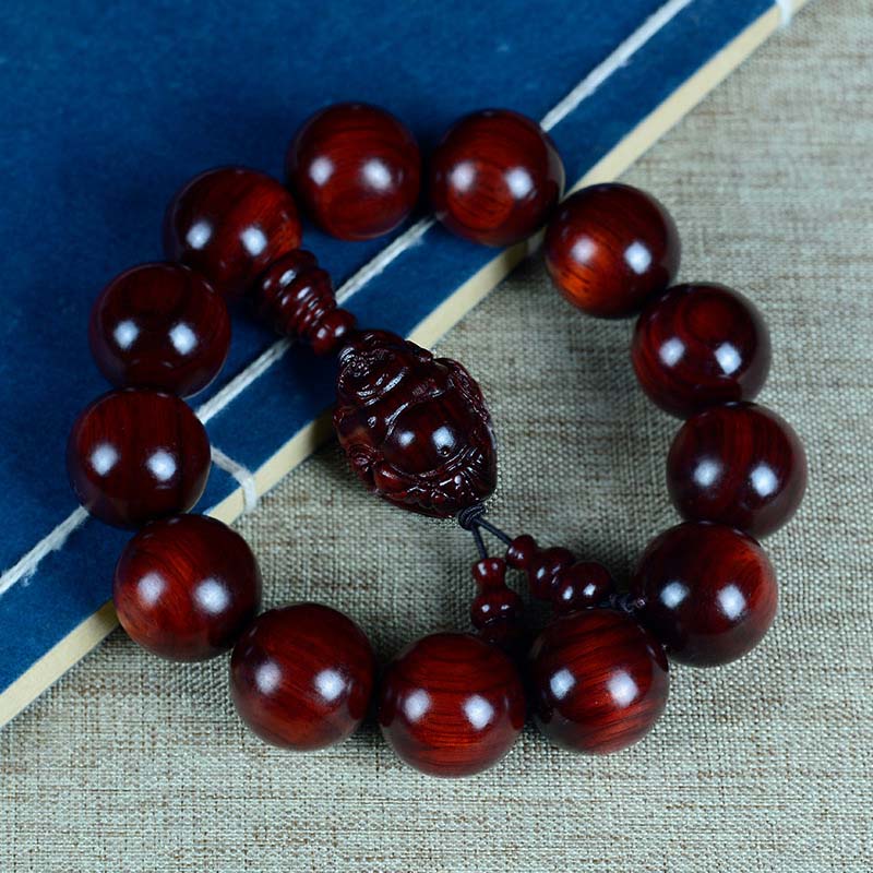 Hand-Carved Red Sandalwood Laughing Buddha & God of Wealth Large Bead Bracelet