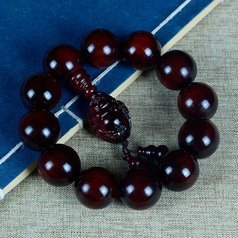 Hand-Carved Red Sandalwood Laughing Buddha & God of Wealth Large Bead Bracelet