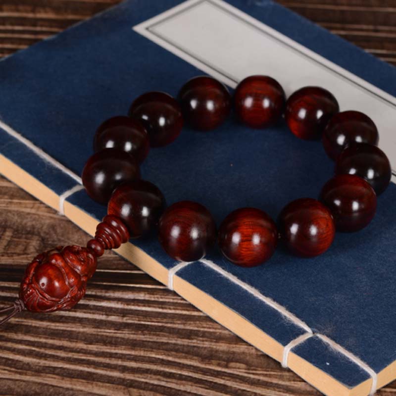Hand-Carved Red Sandalwood Laughing Buddha & God of Wealth Large Bead Bracelet
