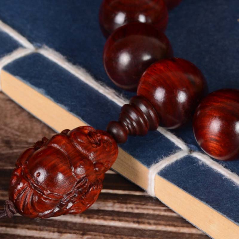 Hand-Carved Red Sandalwood Laughing Buddha & God of Wealth Large Bead Bracelet