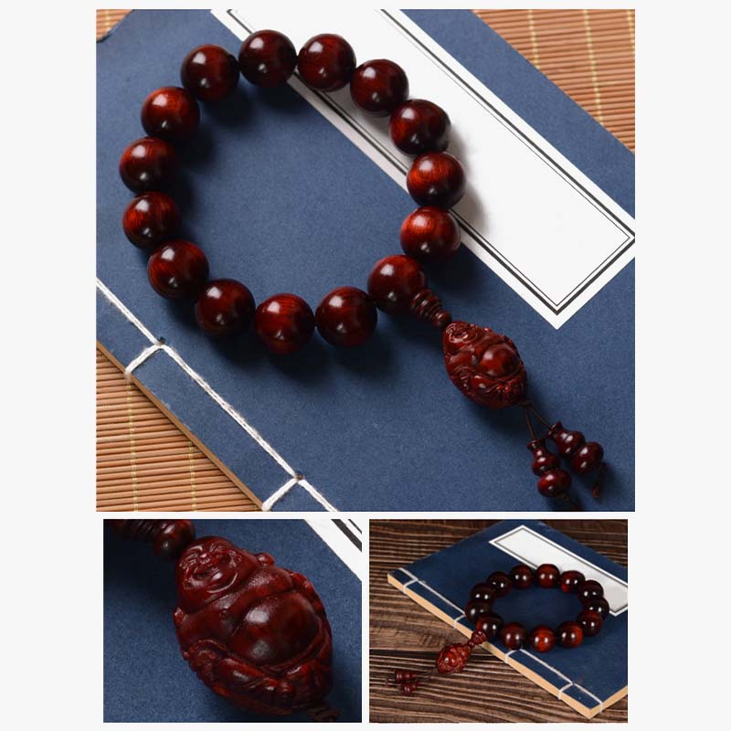 Hand-Carved Red Sandalwood Laughing Buddha & God of Wealth Large Bead Bracelet