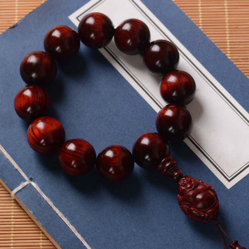 Hand-Carved Red Sandalwood Laughing Buddha & God of Wealth Large Bead Bracelet