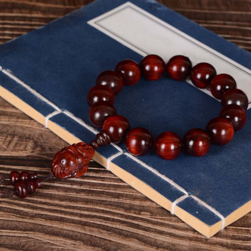 Hand-Carved Red Sandalwood Laughing Buddha & God of Wealth Large Bead Bracelet