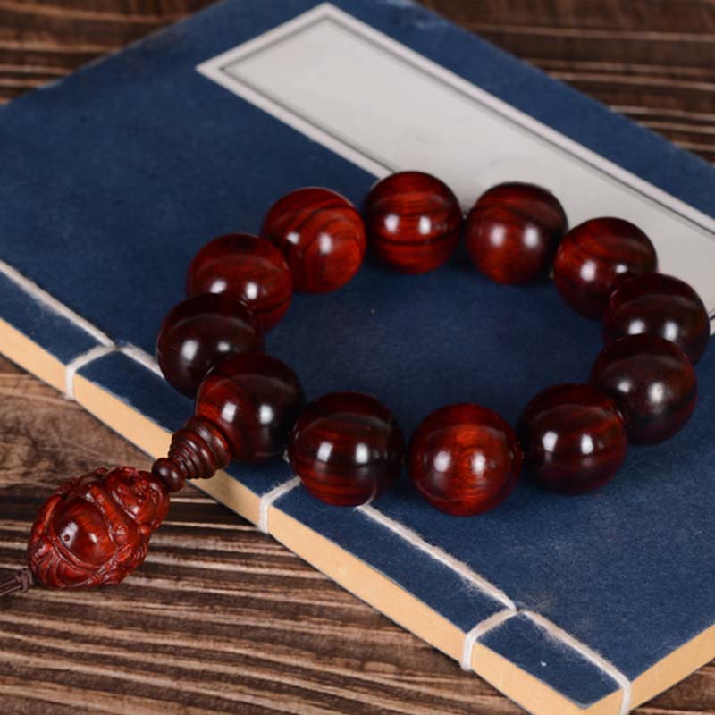 Hand-Carved Red Sandalwood Laughing Buddha & God of Wealth Large Bead Bracelet