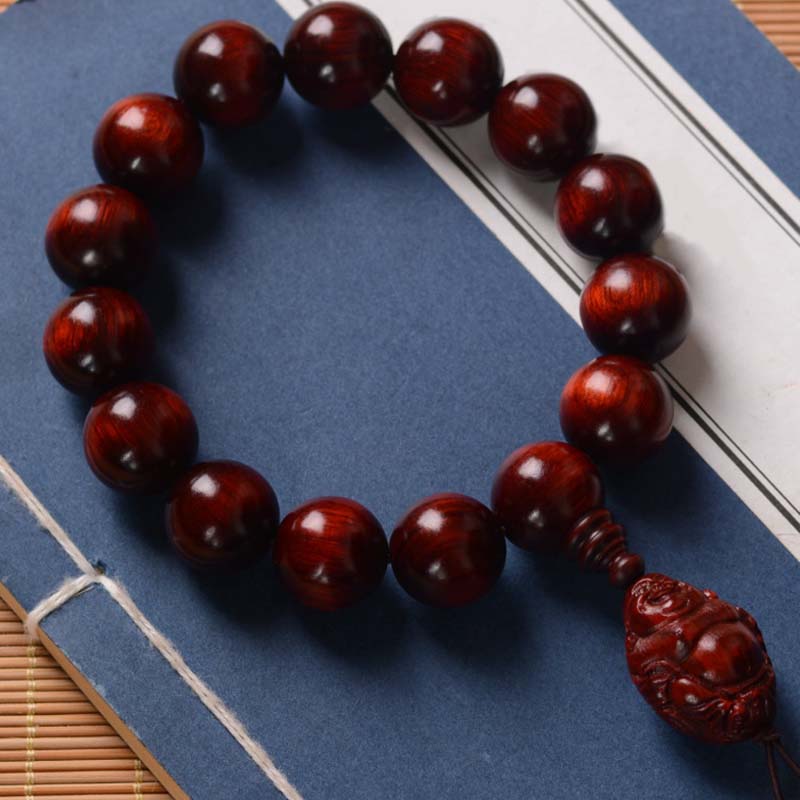 Hand-Carved Red Sandalwood Laughing Buddha & God of Wealth Large Bead Bracelet
