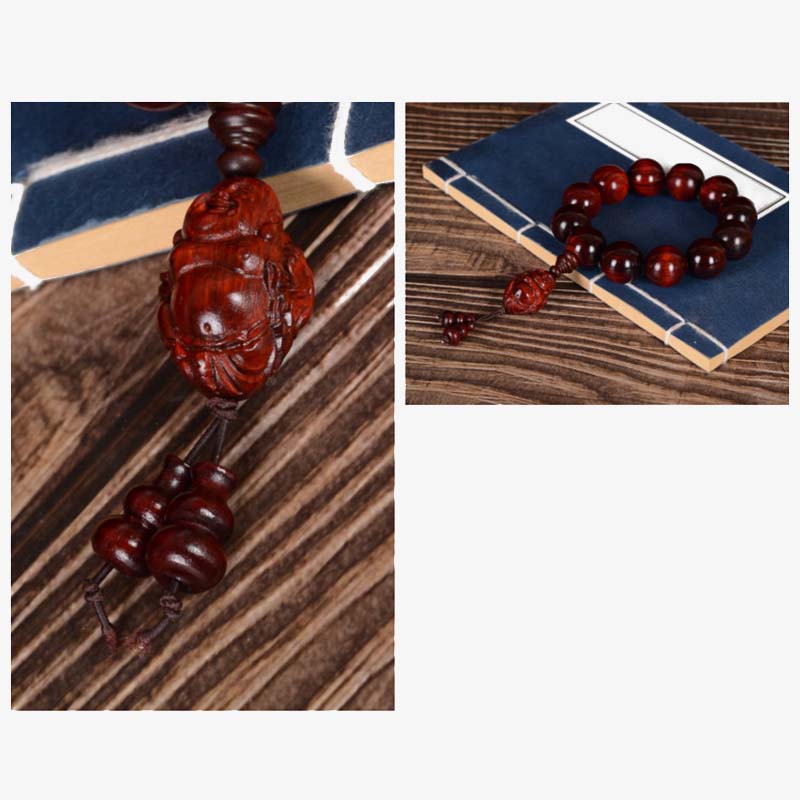 Hand-Carved Red Sandalwood Laughing Buddha & God of Wealth Large Bead Bracelet