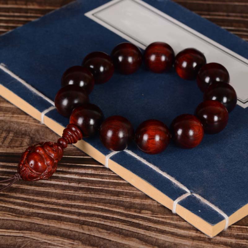 Hand-Carved Red Sandalwood Laughing Buddha & God of Wealth Large Bead Bracelet