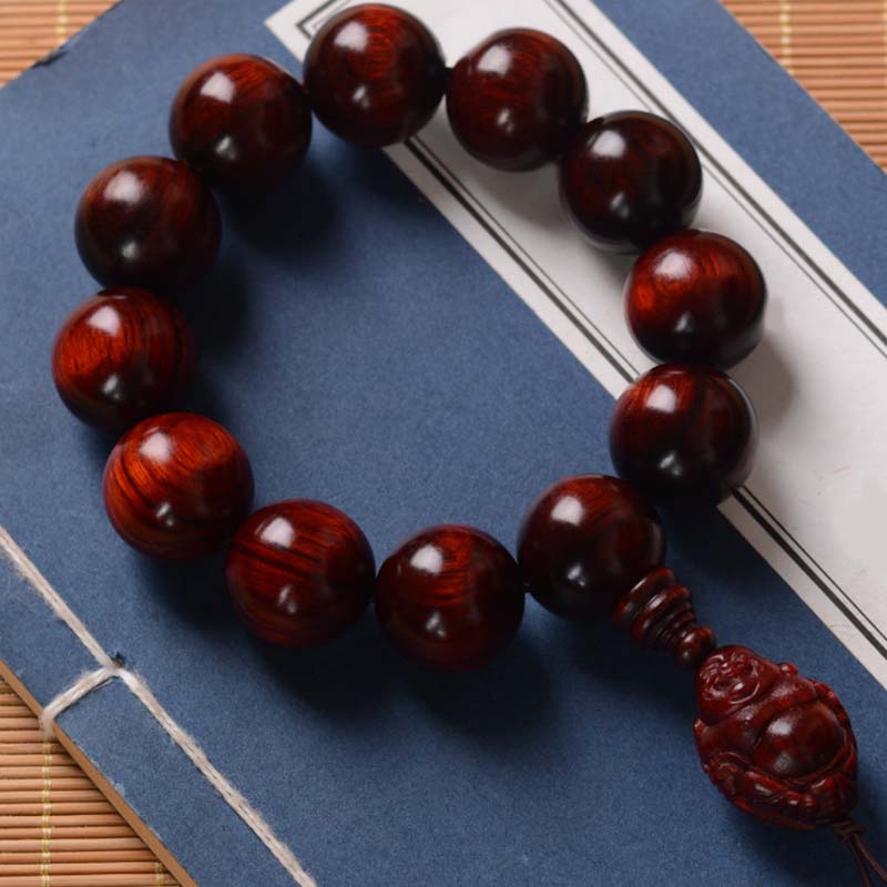 Hand-Carved Red Sandalwood Laughing Buddha & God of Wealth Large Bead Bracelet