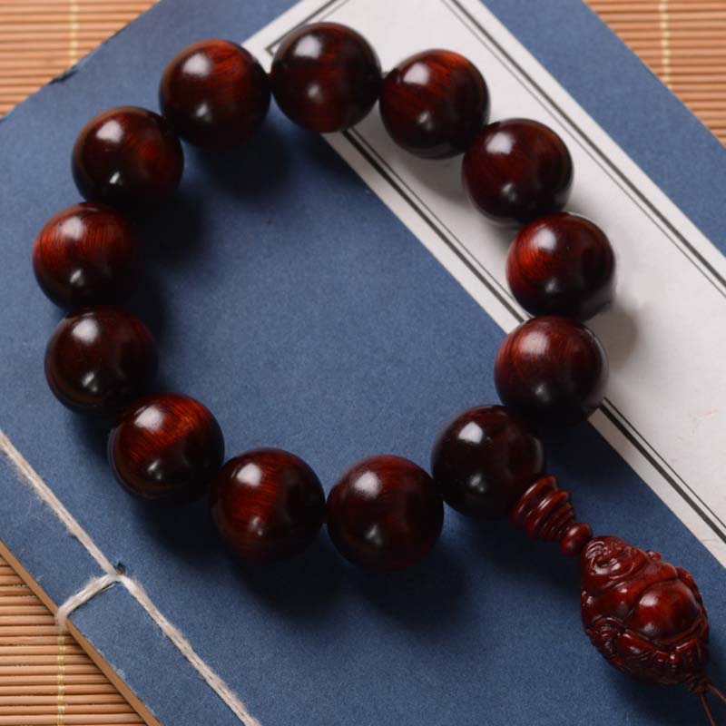 Hand-Carved Red Sandalwood Laughing Buddha & God of Wealth Large Bead Bracelet