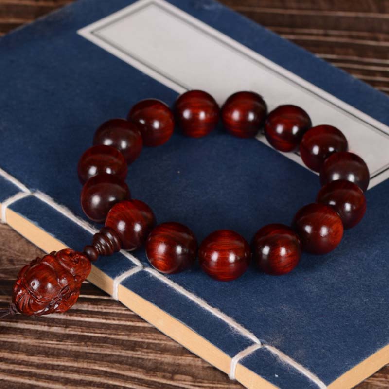 Hand-Carved Red Sandalwood Laughing Buddha & God of Wealth Large Bead Bracelet