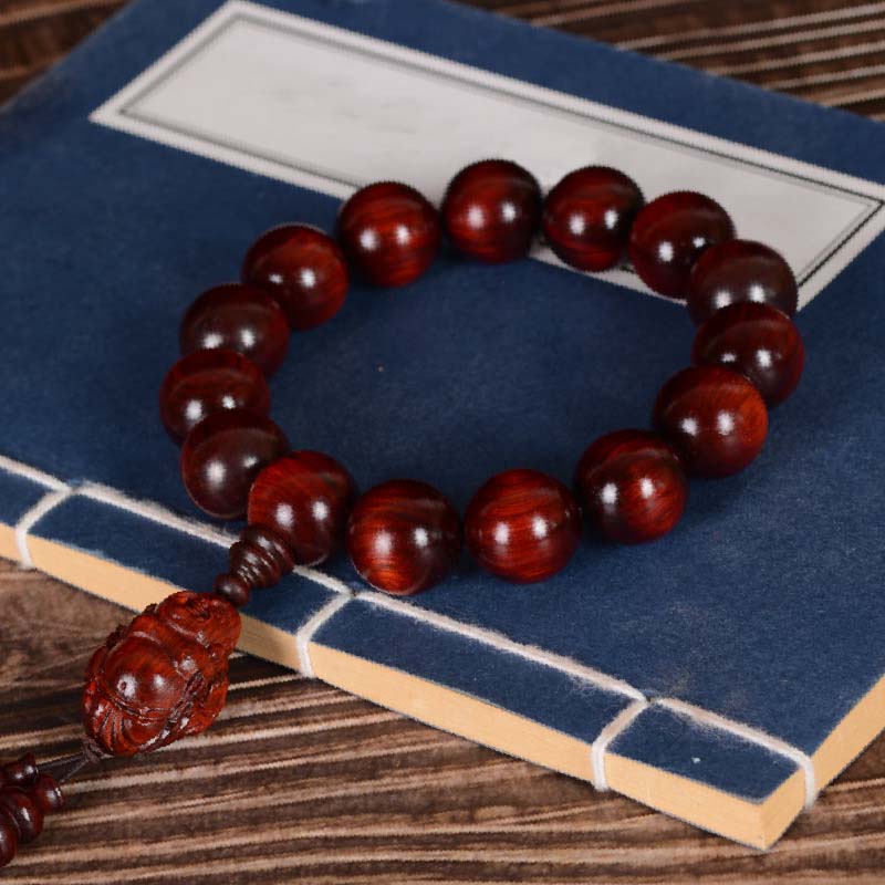 Hand-Carved Red Sandalwood Laughing Buddha & God of Wealth Large Bead Bracelet