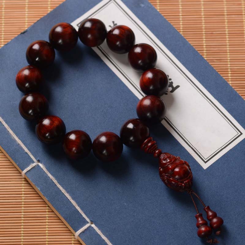 Hand-Carved Red Sandalwood Laughing Buddha & God of Wealth Large Bead Bracelet