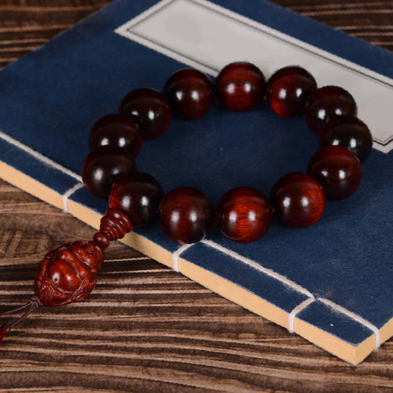 Hand-Carved Red Sandalwood Laughing Buddha & God of Wealth Large Bead Bracelet