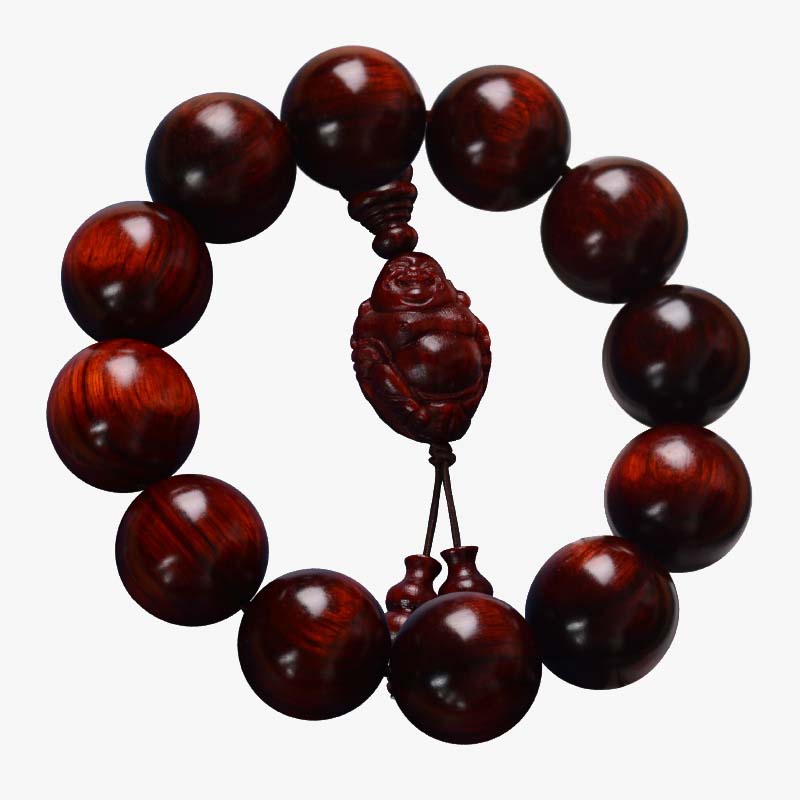 Hand-Carved Red Sandalwood Laughing Buddha & God of Wealth Large Bead Bracelet