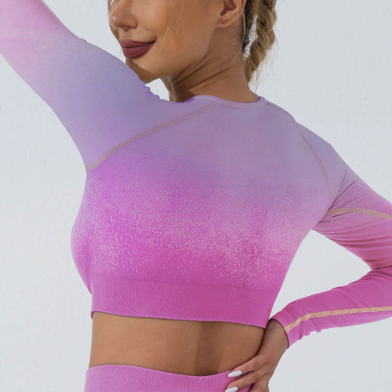 Gradient Long Sleeve Crop Top Tee Bra Leggings Pants Fitness Yoga Outfit