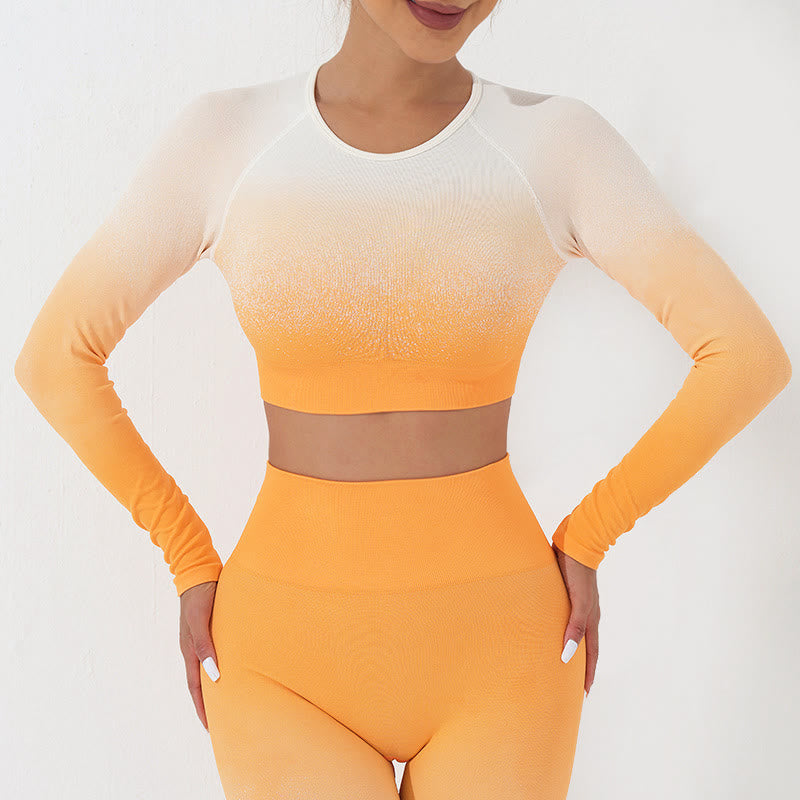 Gradient Long Sleeve Crop Top Tee Bra Leggings Pants Fitness Yoga Outfit
