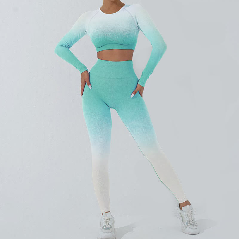 Gradient Long Sleeve Crop Top Tee Bra Leggings Pants Fitness Yoga Outfit